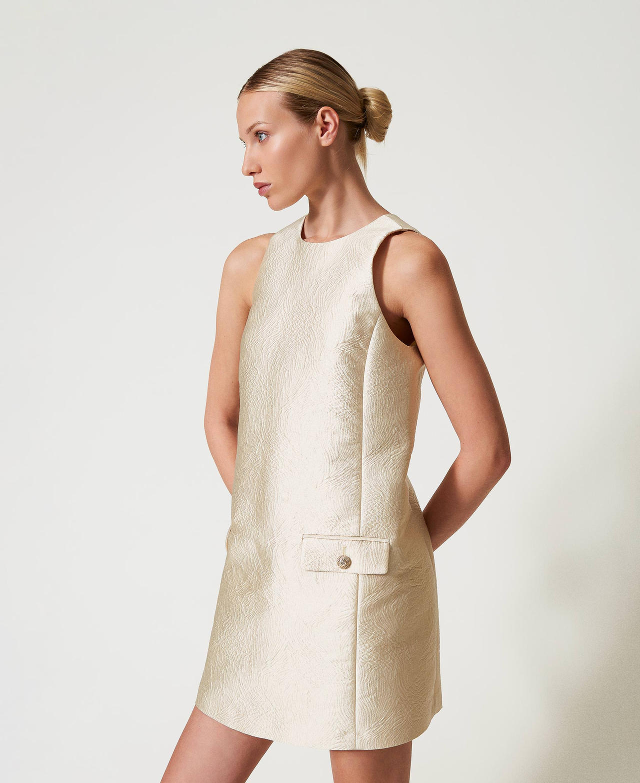 Short brocade jacquard halter dress Light Gold Brocade Jacquard Woman 251TP2243_12205_02