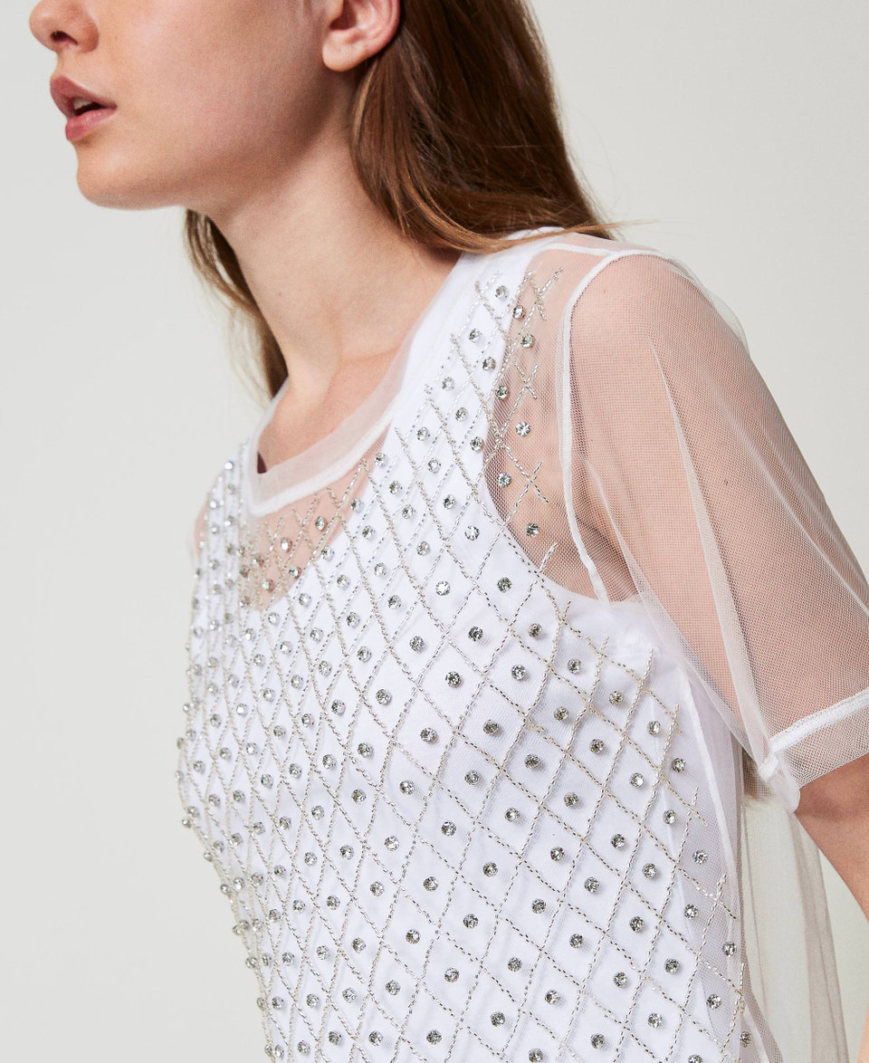 Embroidered tulle T-shirt with top "Papers" White Woman 251AP2120_00840_PA