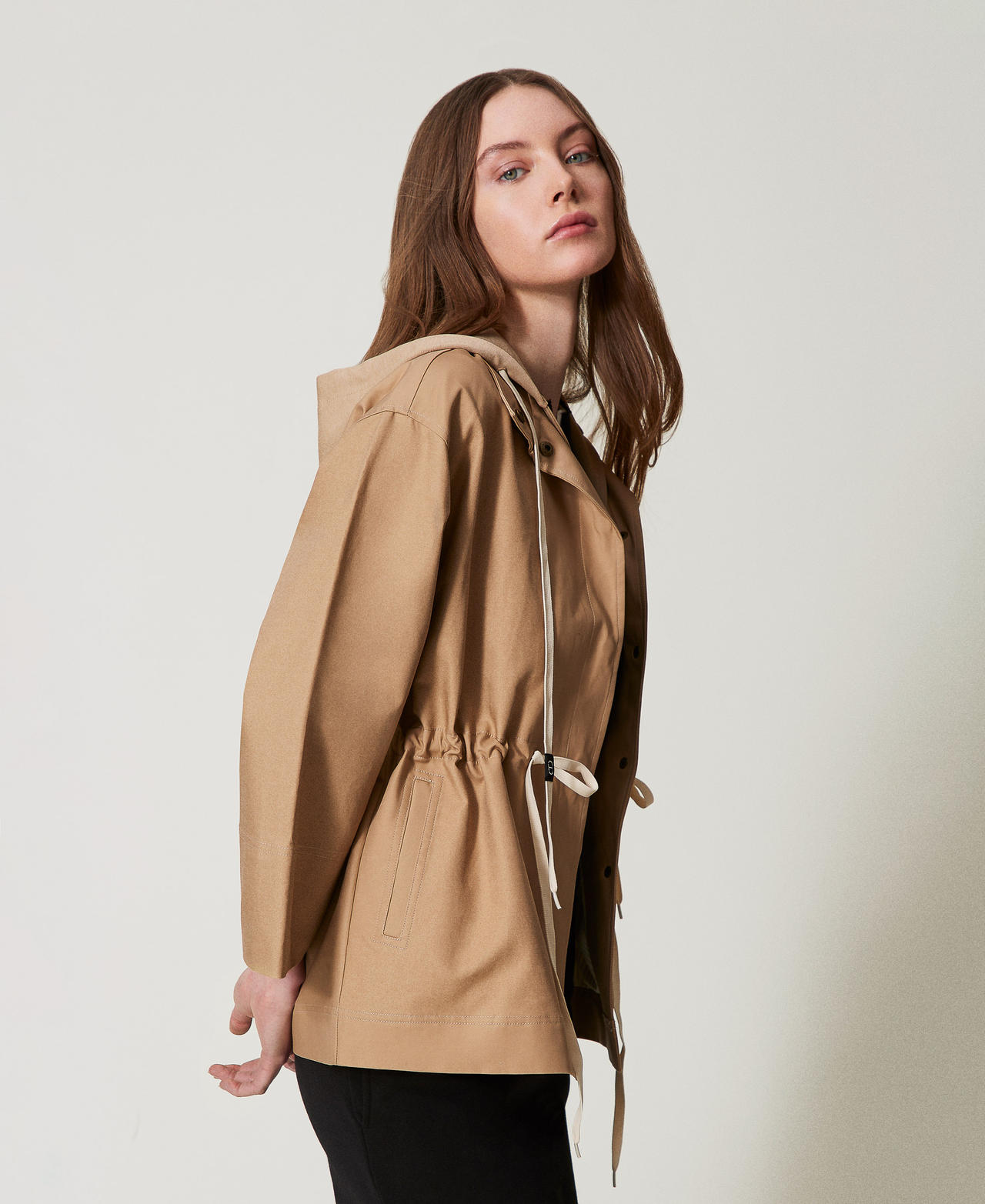 Caban jacket with hood and drawstring Rope Beige Woman 251TE2180_12145_02