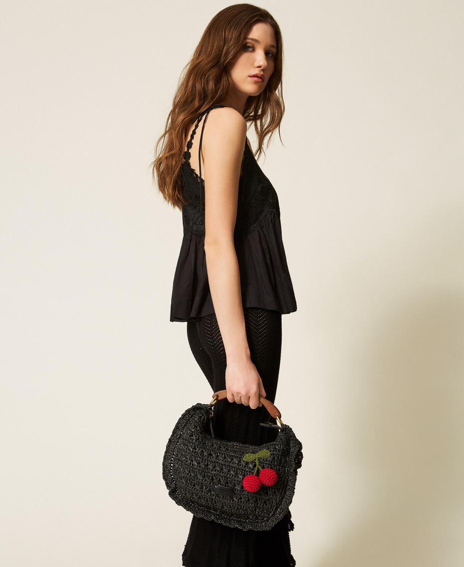 Crochet raffia Croissant bag with cherries Black Woman 261TD8301_00006_T0