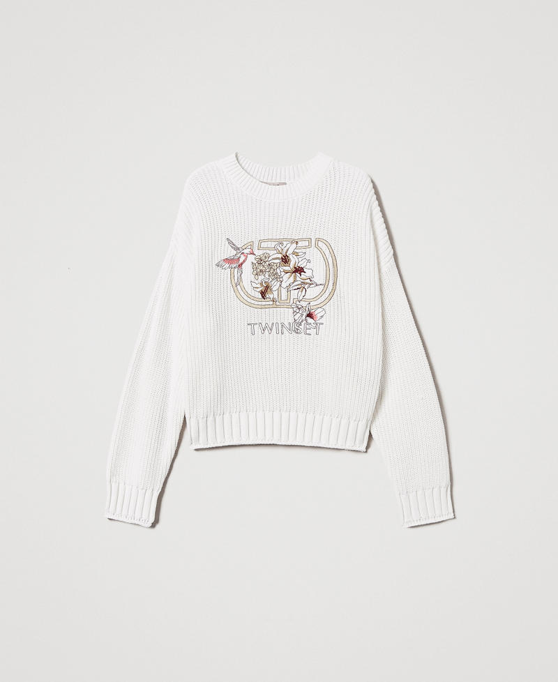 Jumper with Oval T and embroidery Mother Of Pearl Woman 251TP3600_00059_S0