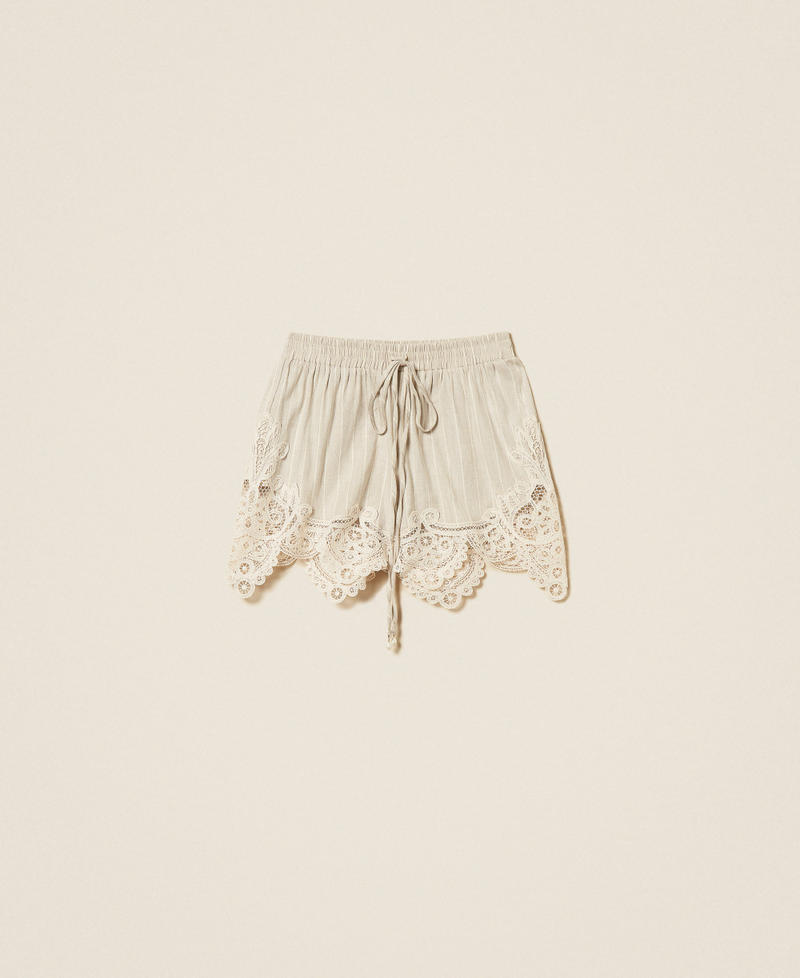 Linen blend jacquard shorts with lace Fog /Vanilla White Stripes Woman 261LM2FDD_13580_S0