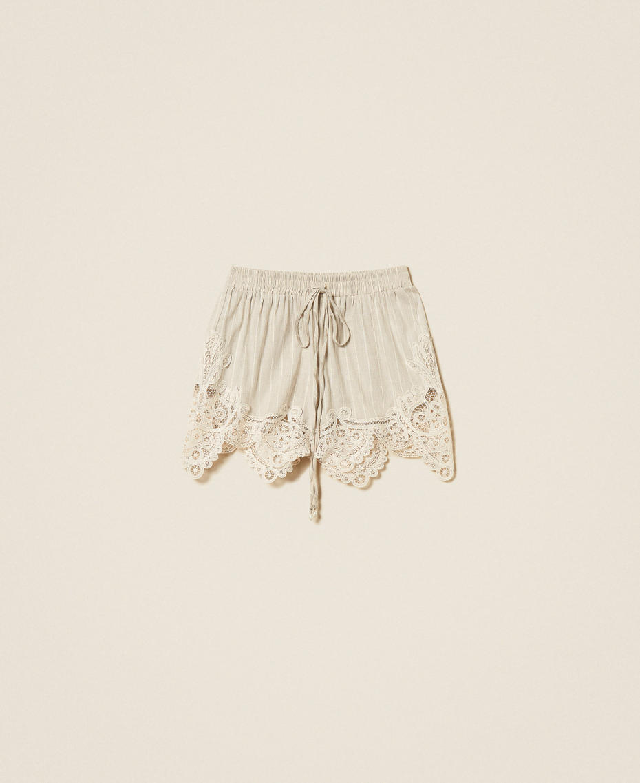 Linen blend jacquard shorts with lace Fog /Vanilla White Stripes Woman 261LM2FDD_13580_S0