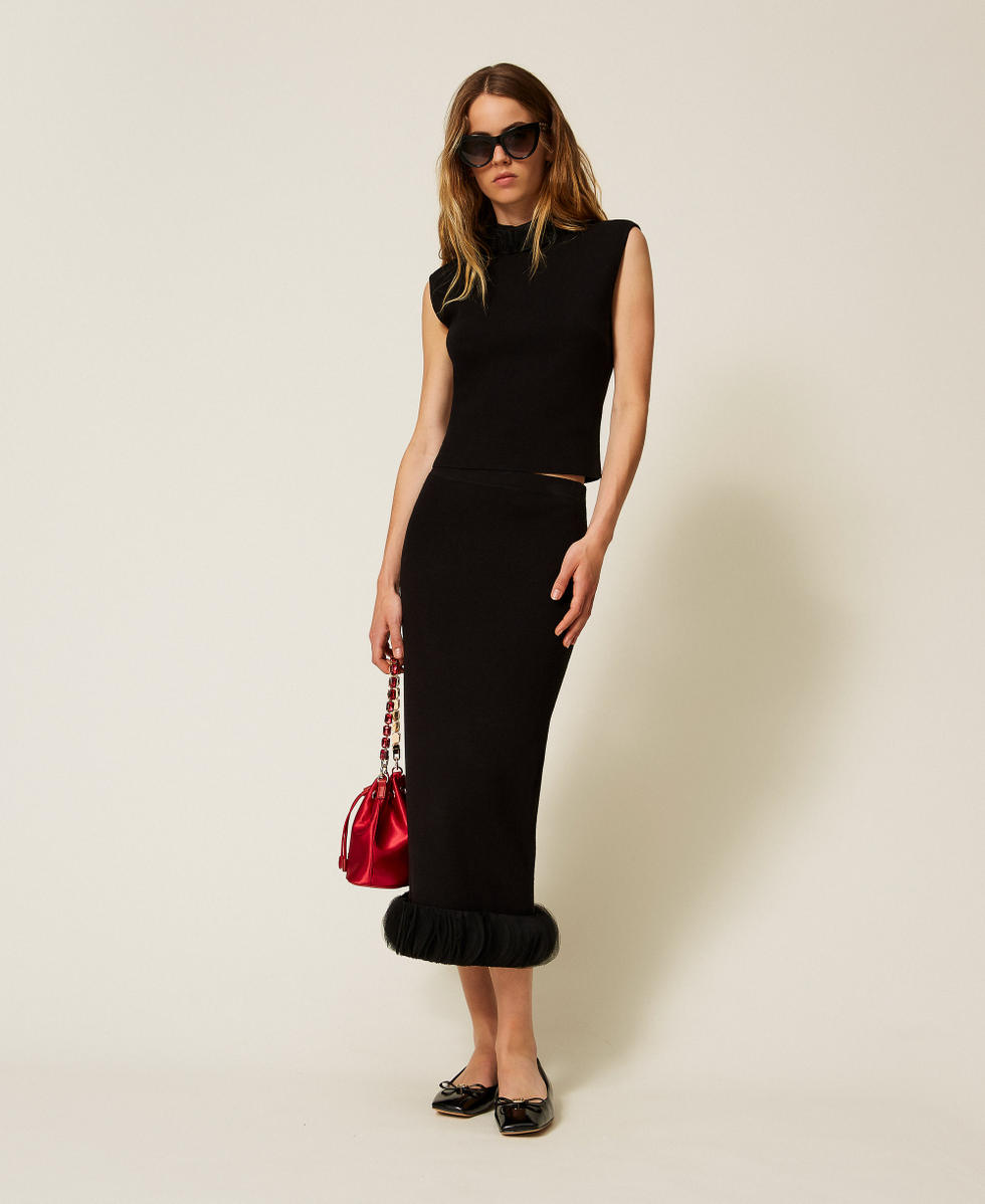 Top in maglia e organza Nero Donna 252AP3011_00006_T0