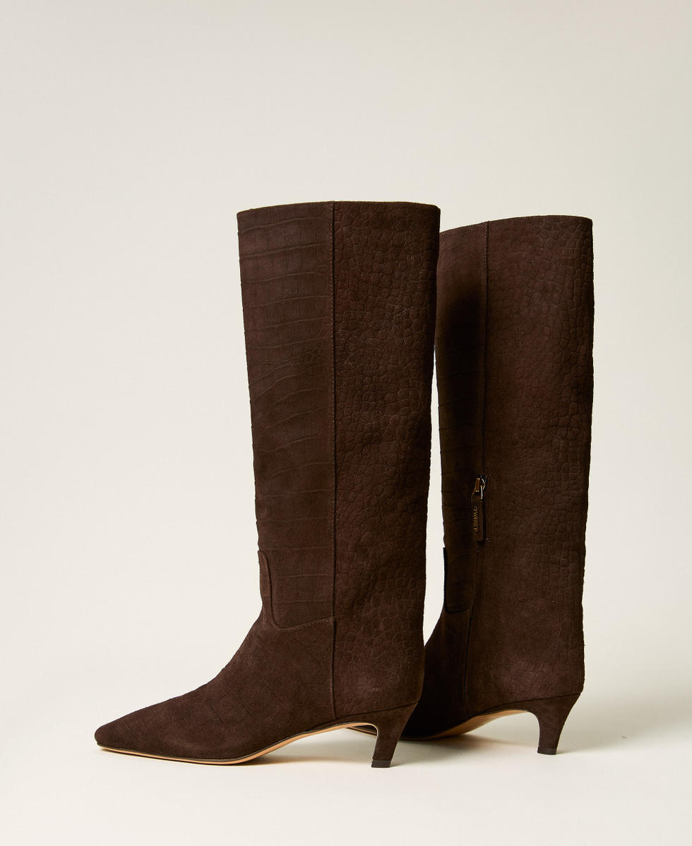 Crocodile print suede high boots Coffee Croc Print Woman 262TGT080_14043_03