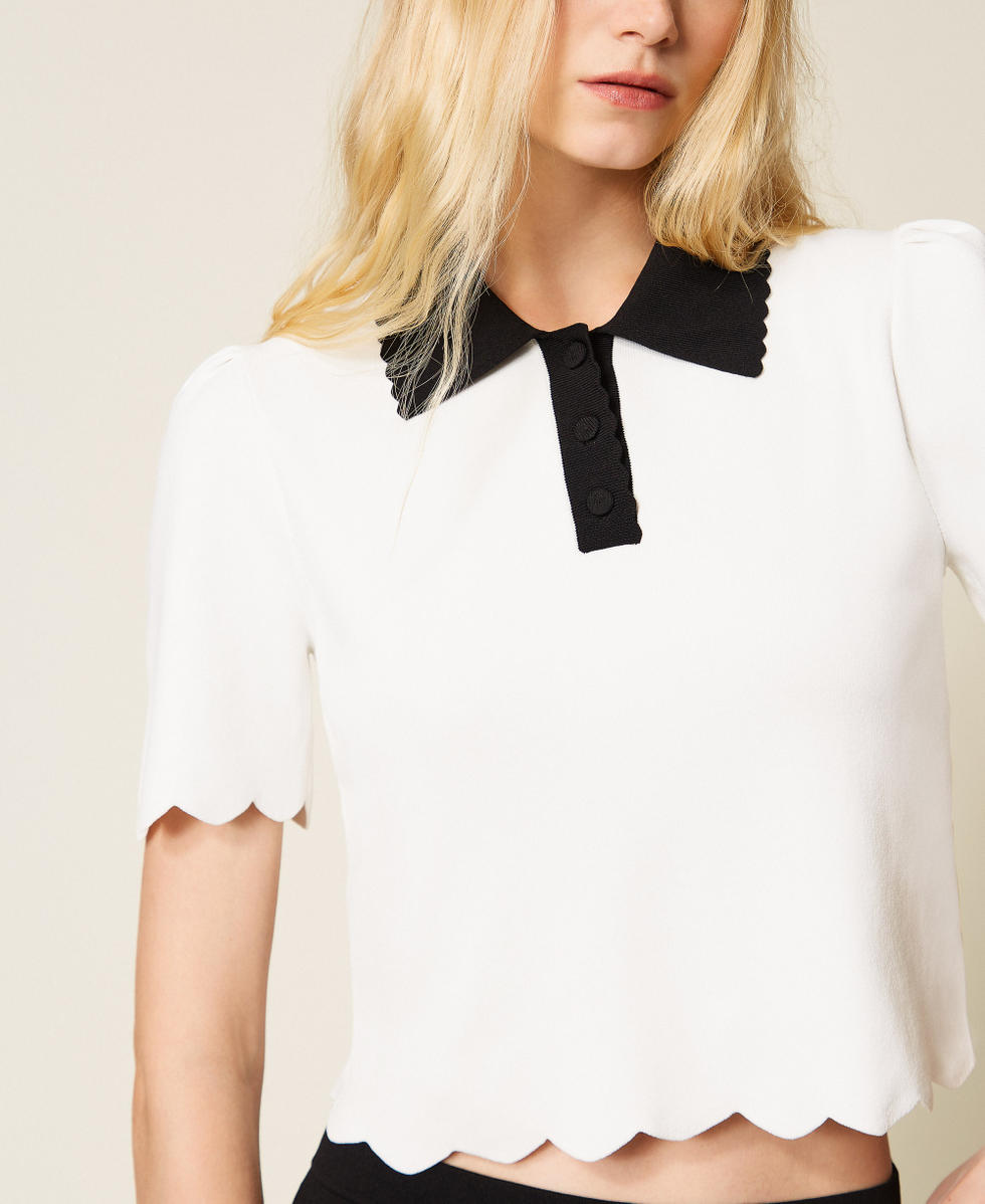Maglia bicolor a polo con smerli Bicolor Nero / Bianco Neve Donna 261TP3371_12063_04