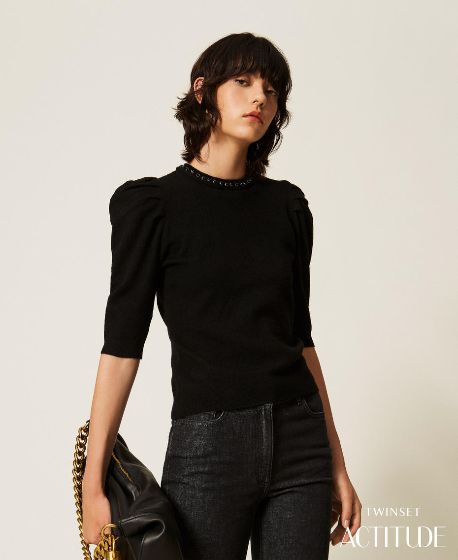 Pullover aus recyceltem Garn mit Strasssteinen Schwarz Frau 262AP3171_00006_PA