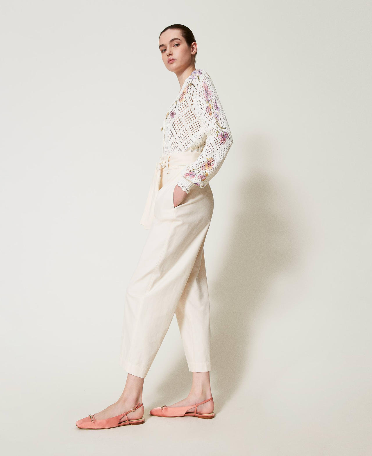 Cotton blend gabardine trousers with belt Mother Of Pearl Woman 251TP2213_00059_02