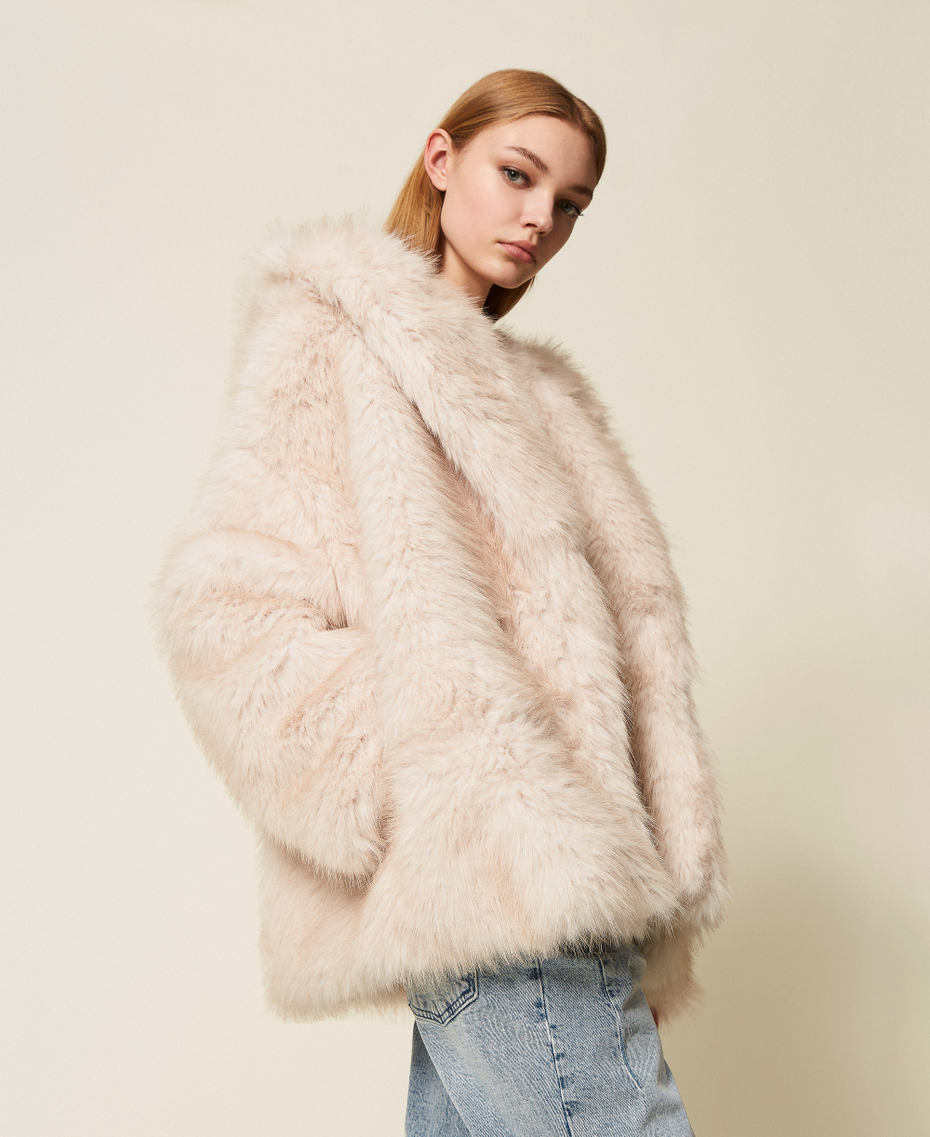Faux fur pea coat with hood Plaster Beige Woman 252TF2090_12879_02