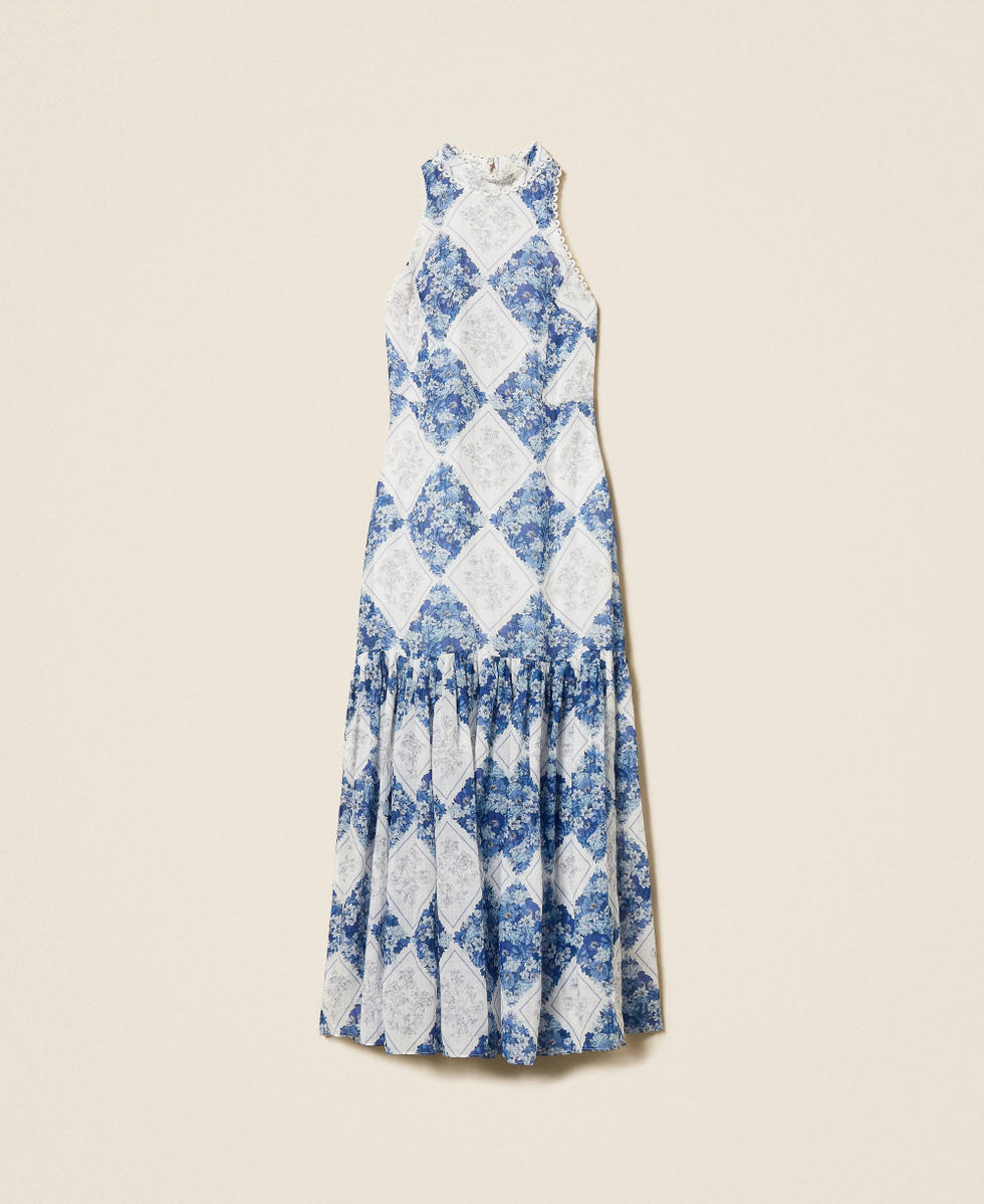 Long ramie dress with floral print Blue/Pale Blue Topaz Diamond Flower Print Woman 261TP213B_13405_S0
