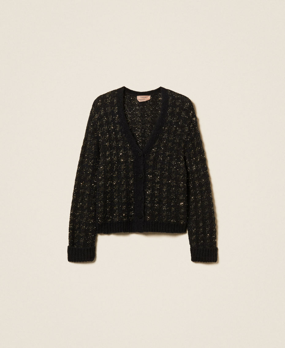 Jacquard knit cardigan with houndstooth pattern Black/Black-Gold Woman 262TP3360_13926_S0