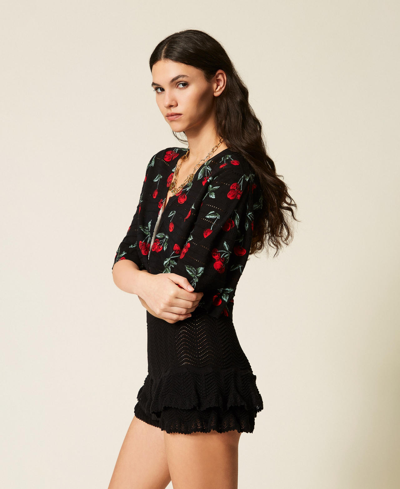 Cherry print cardigan Black/Red Cherries Allover Woman 261TT3270_13500_02