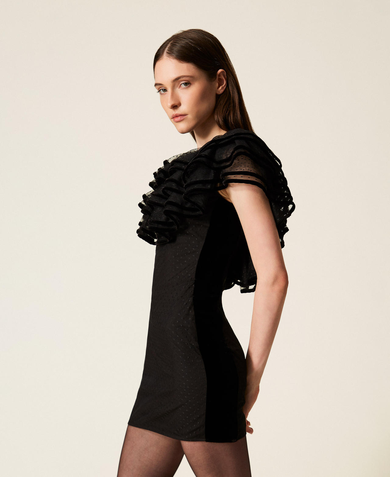 Plumetis tulle short dress with ruffle Black Woman 252TS2070_00006_02