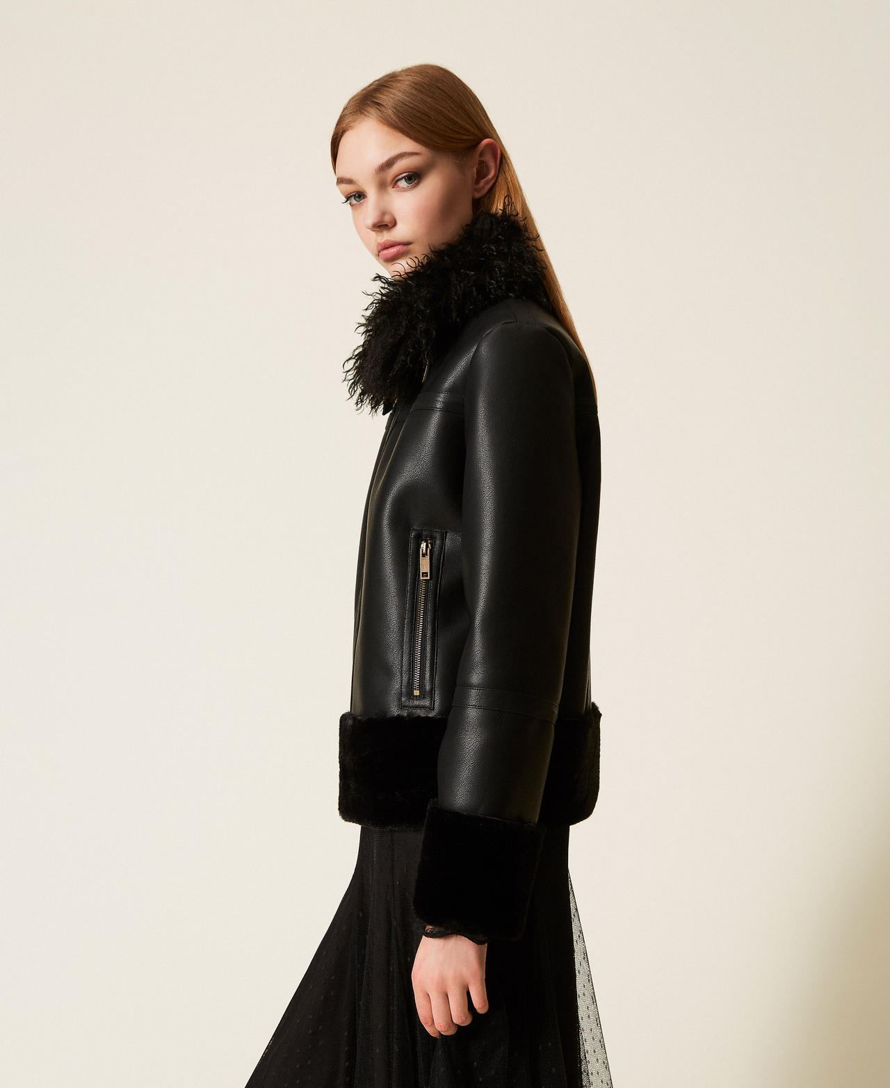 Faux leather jacket with faux fur Black Woman 252TP2410_00006_02