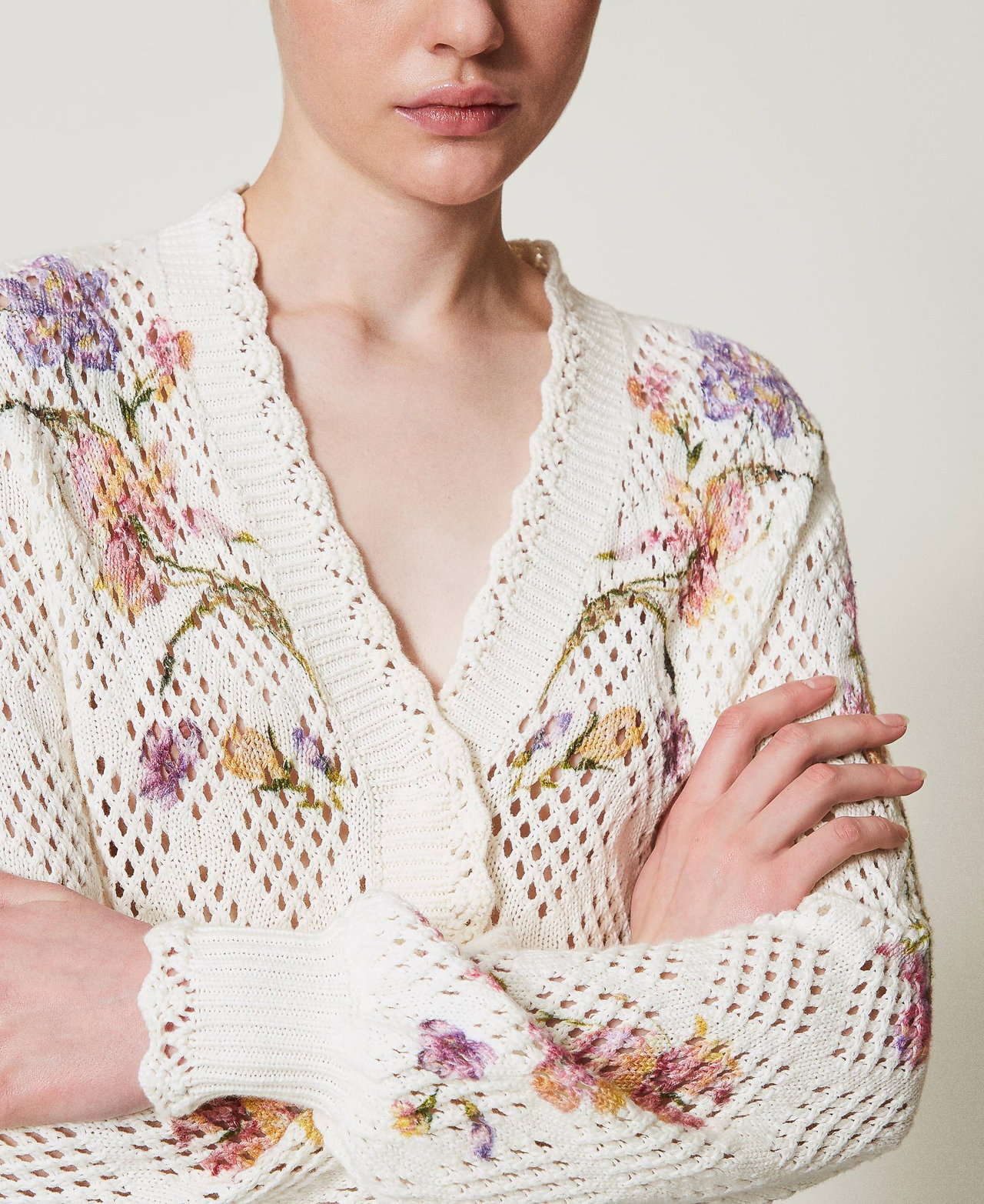 Knit cardigan with floral print Woman, White | TWINSET Milano