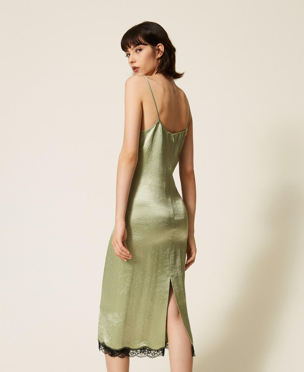 Robe midi en satin froiss&eacute; et dentelle Bicolore Vert Sauge/Noir Femme 262TP2110_13855_03