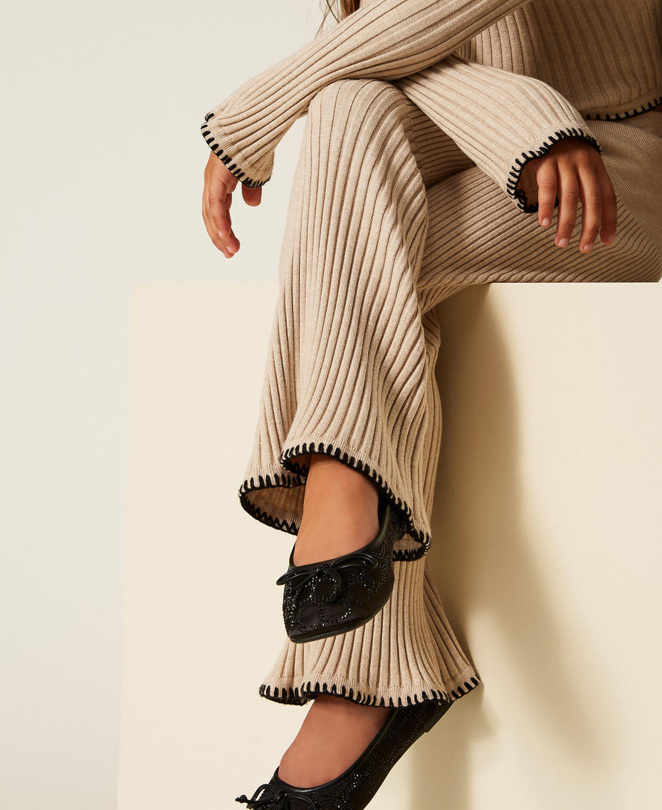 Rib knit trousers with embroidery Biscuit Beige Girl 252GJ3091_10884_04