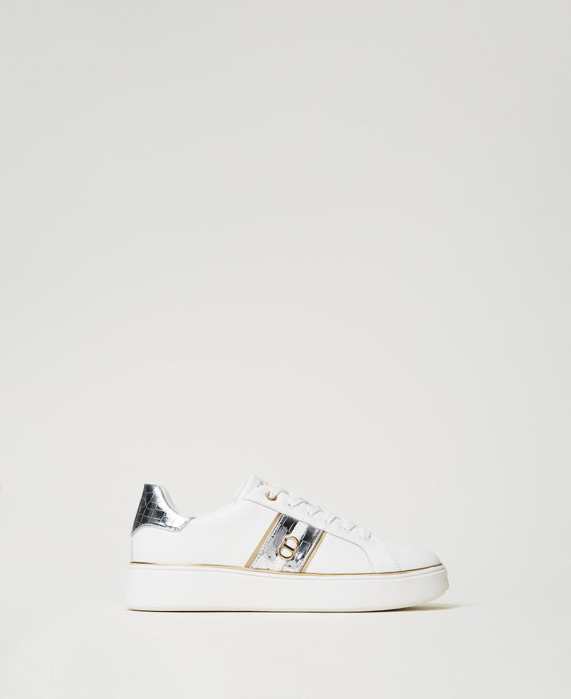 Sneakers in pelle con Oval T Bicolor Bianco Ottico / Argento Donna 251TCP01A_07200_01
