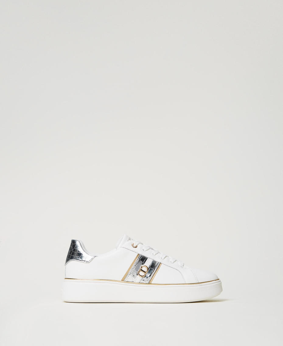 Sneakers in pelle con Oval T Bicolor Bianco Ottico / Argento Donna 251TCP01A_07200_01