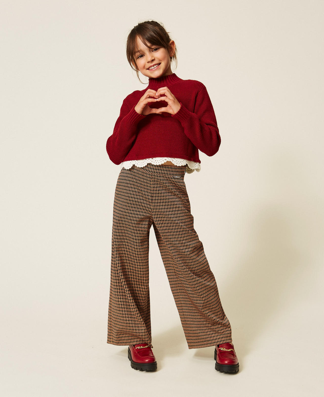 Houndstooth palazzo trousers "Iced Coffee" Brown/Red Ruby Houndstooth Girl 262GJ2092_13819_01
