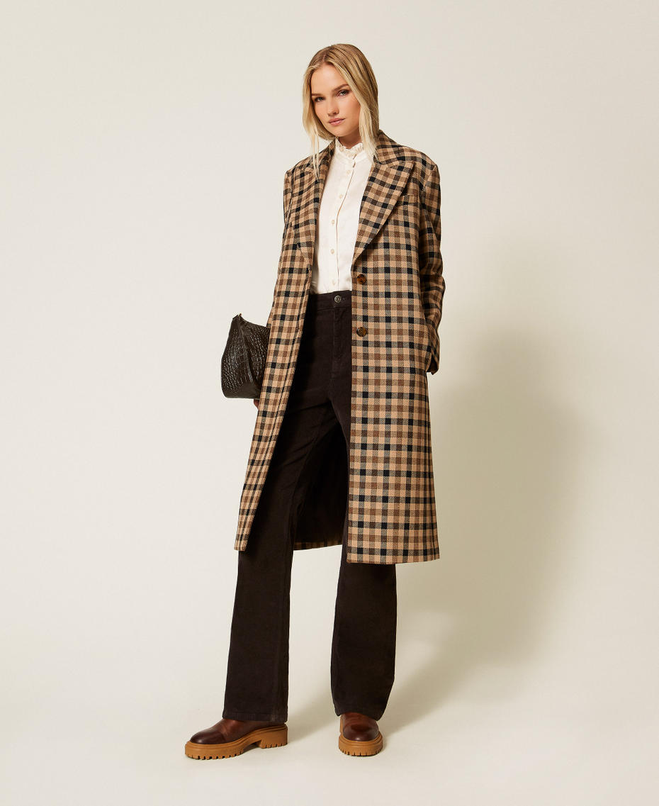 Karierter Mantel aus Wollmischung Check Kamelbraun / Schwarz Frau 252TT2430_12885_T0