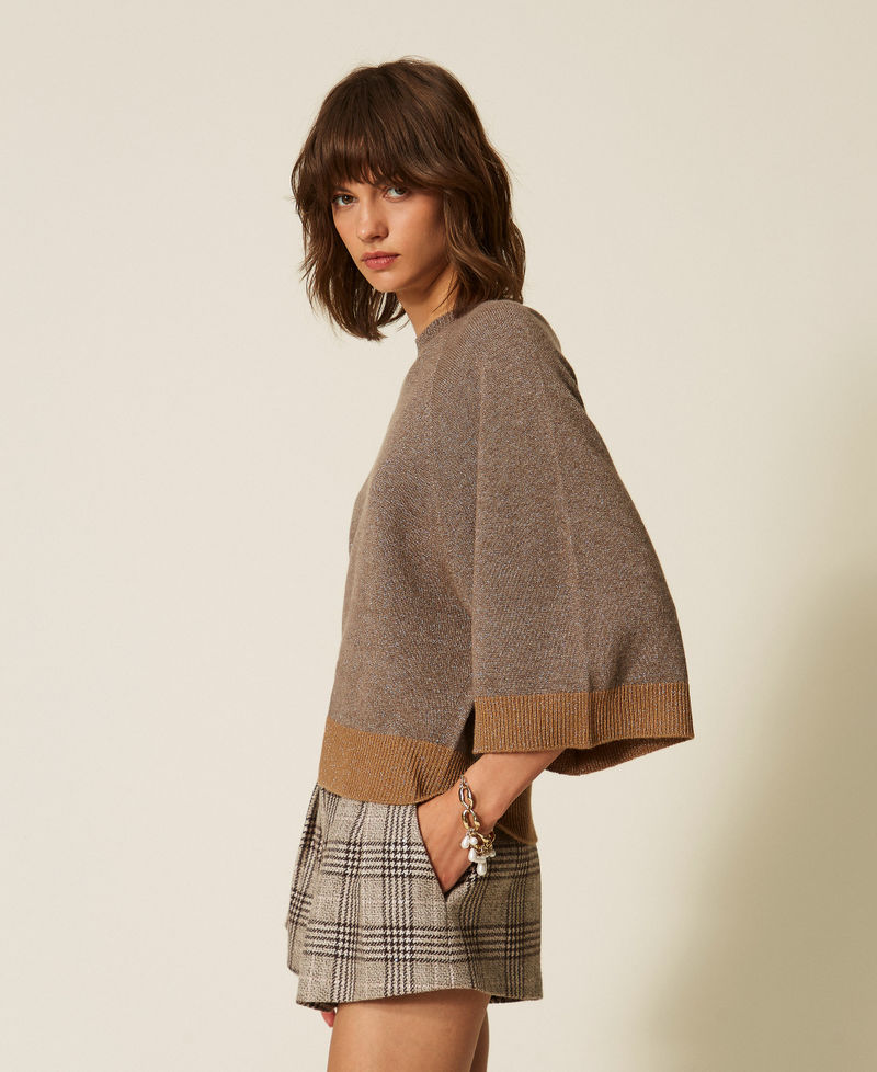 Cropped wool and cashmere jumper with lurex Silver Taupe/"Tobacco Brown" Woman 262TP3511_13933_02