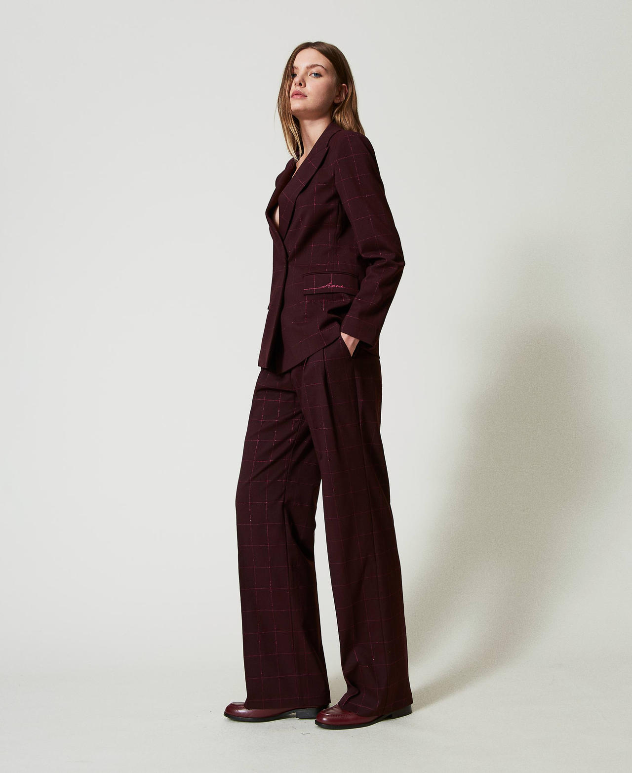Palazzo trousers with lurex check pattern Potent Purple Woman 242AT2165_11963_02