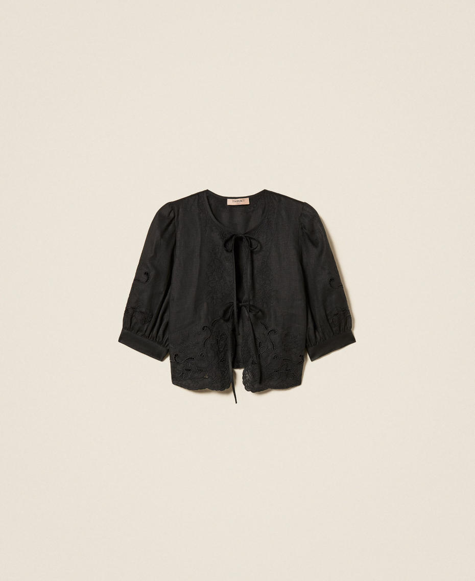 Camicia in lino e sangallo Nero Donna 261TT2120_00006_S0