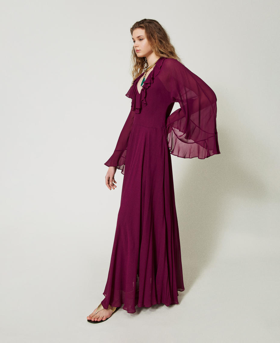 'Capri' long dress in georgette with ruffles “Red Plum” Purple Woman 251TS2070_05245_02