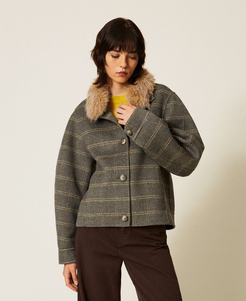 Double check wool caban coat with faux fur Grey Melange/Mustard Check Woman 262TP2221_13841_02