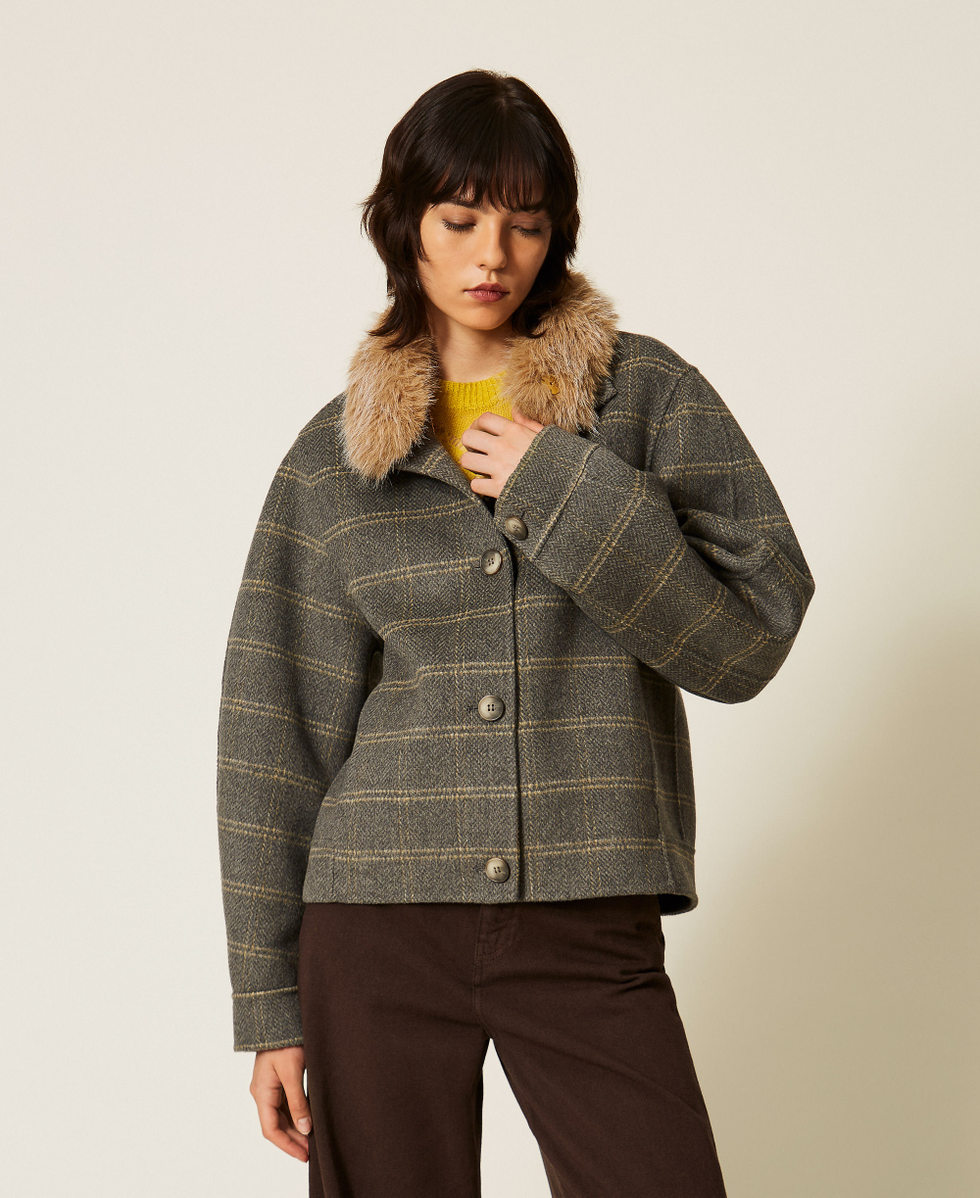 Double check wool caban coat with faux fur Grey Melange/Mustard Check Woman 262TP2221_13841_02