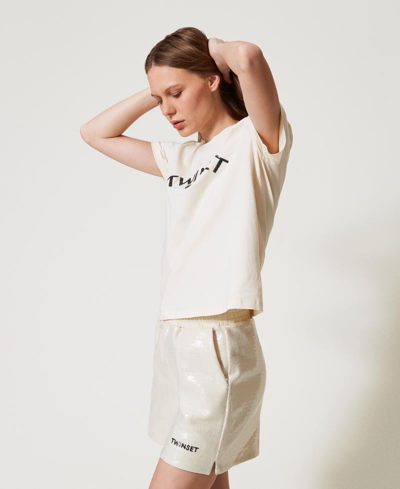 Regular fit T-shirt with sequin logo Beige Woman 251LL2SDD_00003_02