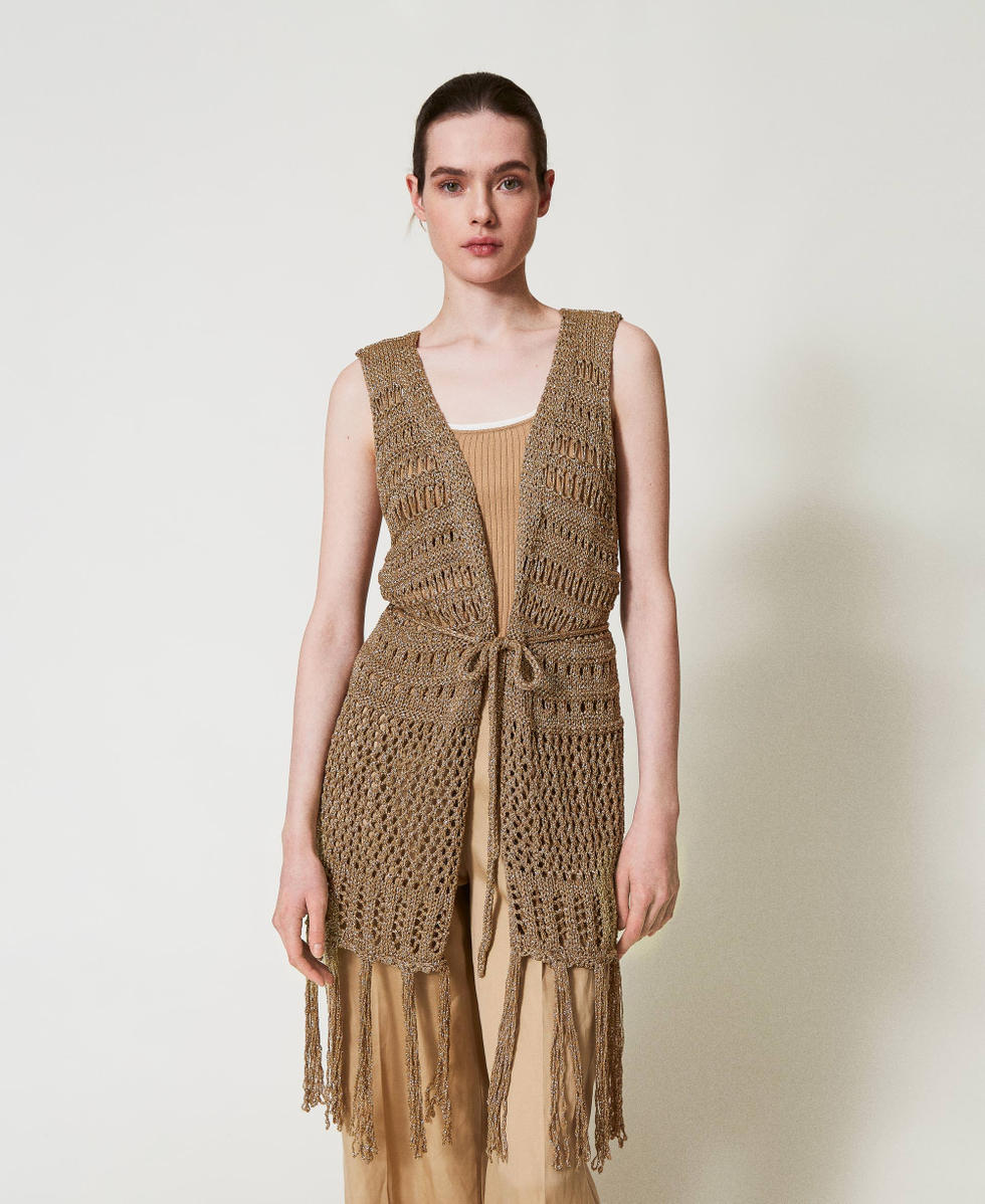 Openwork knit sleeveless cardigan with lurex Rope Beige Woman 251TA4360_12145_01