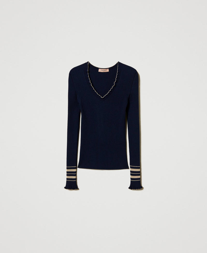 Pull c&ocirc;tel&eacute; avec rayures lurex Bicolore Blue Night/Beige &laquo;&nbsp;Rope&nbsp;&raquo; Lurex Or Femme 251TP3422_12335_S0