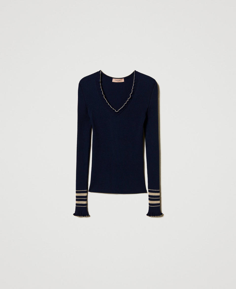 Pull c&ocirc;tel&eacute; avec rayures lurex Bicolore Blue Night/Beige &laquo;&nbsp;Rope&nbsp;&raquo; Lurex Or Femme 251TP3422_12335_S0