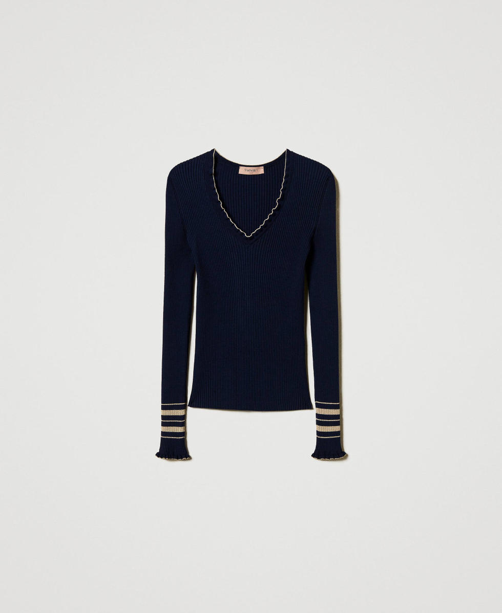 Pull c&ocirc;tel&eacute; avec rayures lurex Bicolore Blue Night/Beige &laquo;&nbsp;Rope&nbsp;&raquo; Lurex Or Femme 251TP3422_12335_S0