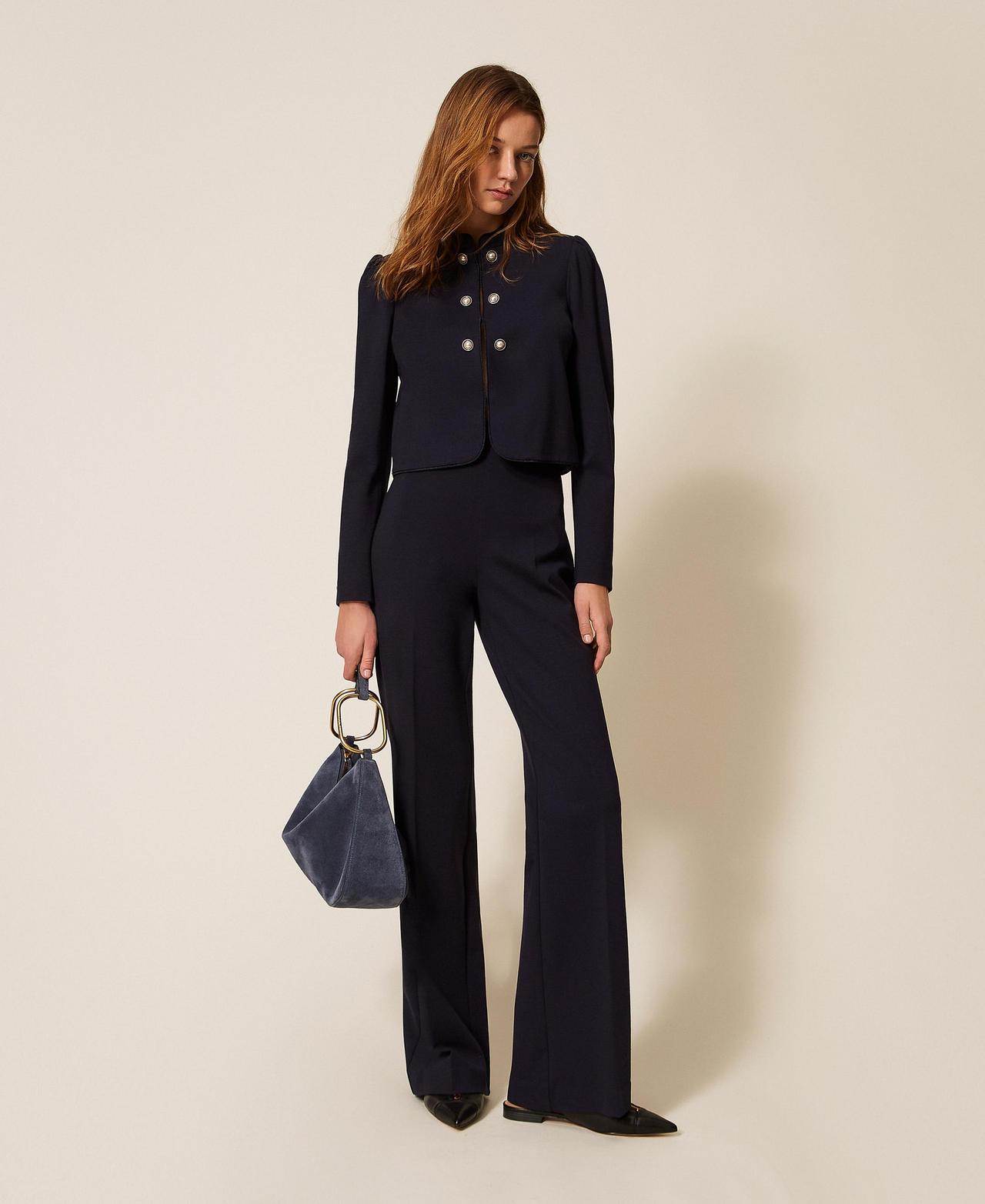 Wide leg trousers with pearl buttons Blue Night Woman 261TP2144_13172_01
