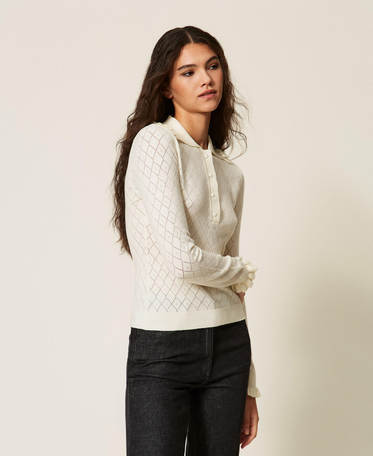 TWINSET - Pull polo avec volants, Femme, Blanc Neige, XL