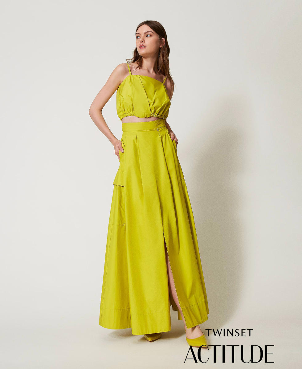 Long poplin skirt with pleats Woman, Green | TWINSET Milano Long poplin skirt with pleats Woman, Green | TWINSET Milano