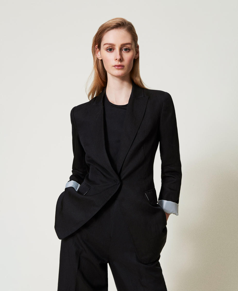 Linen blend single-breasted jacket Woman, Black | TWINSET Milano
