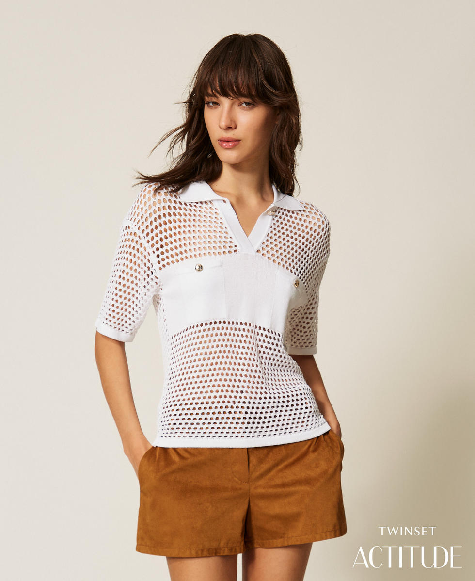 Jersey de estilo polo con punto de malla Hueso Mujer 261AP3033_00526_PA