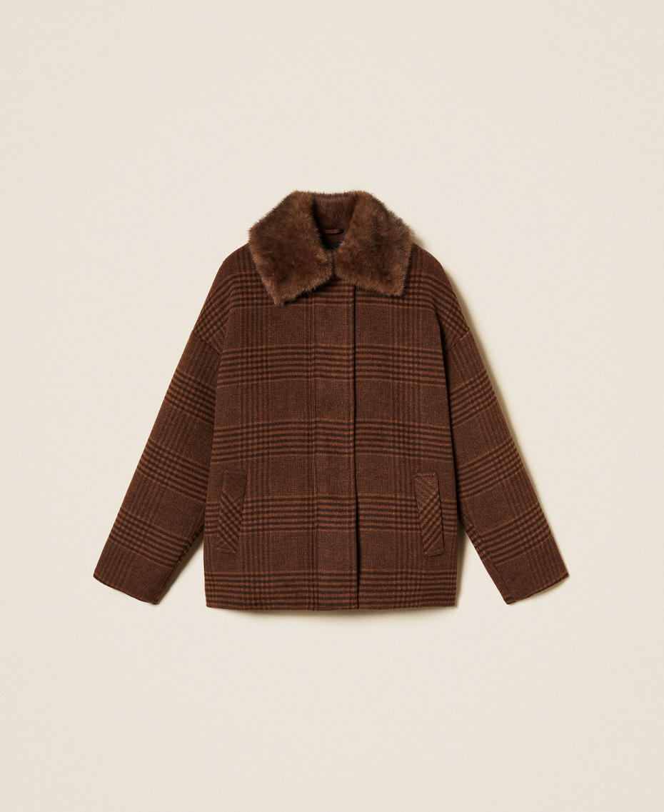 Caban in panno check con faux fur Check Toffee / Black Chocolate Donna 262AT2200_14037_S0
