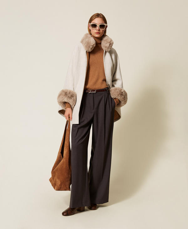 Wool cloth and faux fur poncho