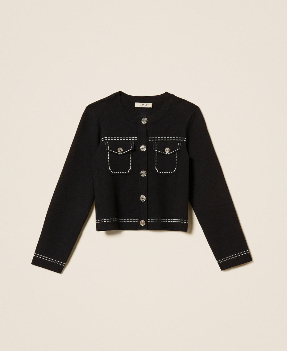 Knitted jacket with stitching Black/"Snow" White Stitching Girl 262GJ3020_13894_S0
