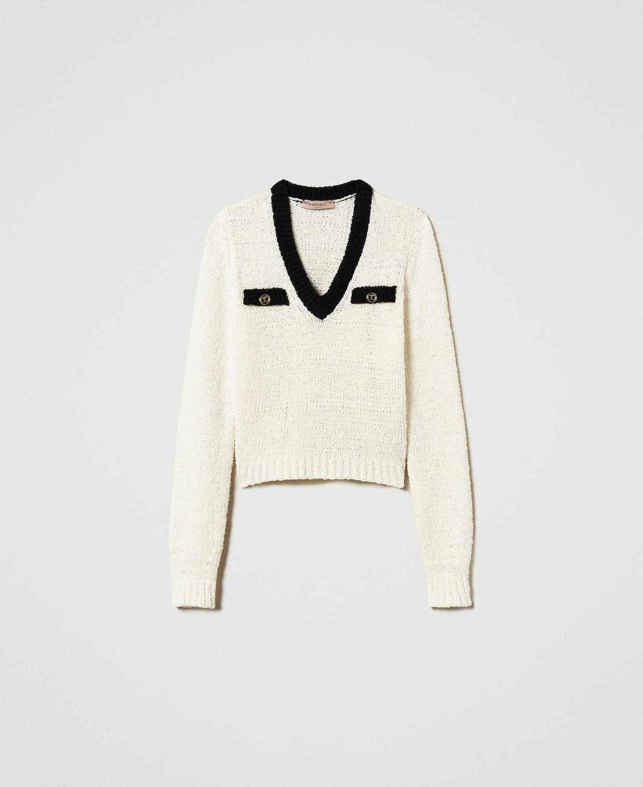 Jumper with Oval T buttons Bicolour "Snow" White / Black Woman 251TP3444_03711_0S