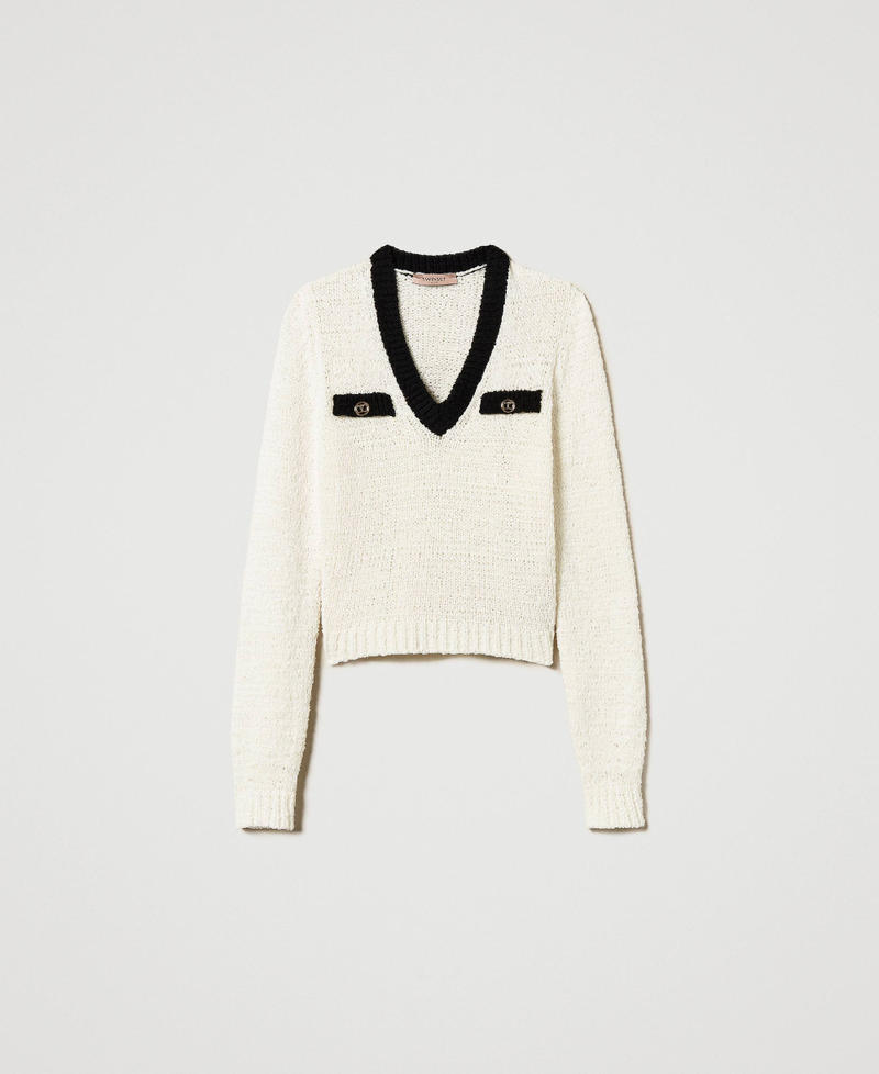 Jumper with Oval T buttons Bicolour "Snow" White / Black Woman 251TP3444_03711_0S