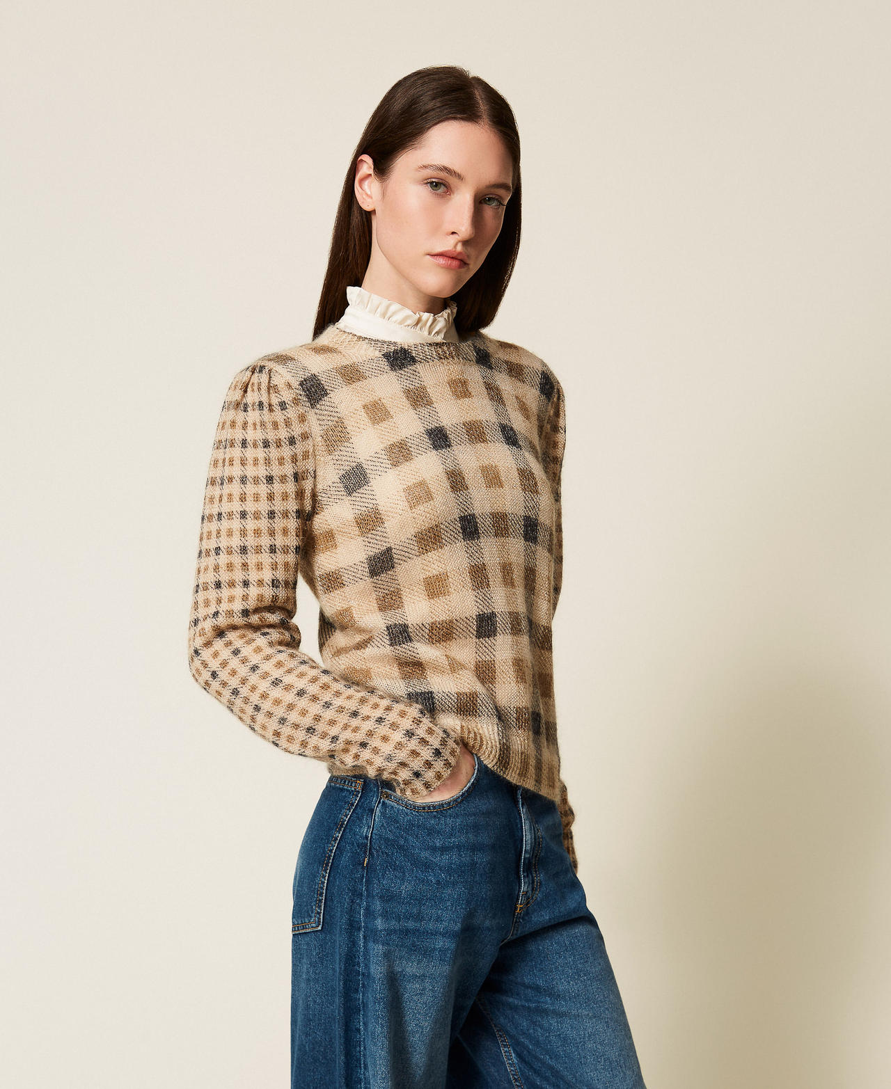 Mohair blend check print jumper Camel/Black Check & Small Check Print Woman 252TT3492_13043_02