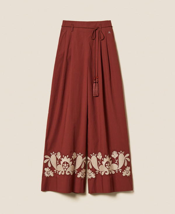Poplin palazzo trousers with embroidery