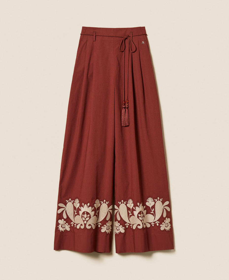 Poplin palazzo trousers with embroidery Brown Red Clay Woman 261AT2043_00260_S0