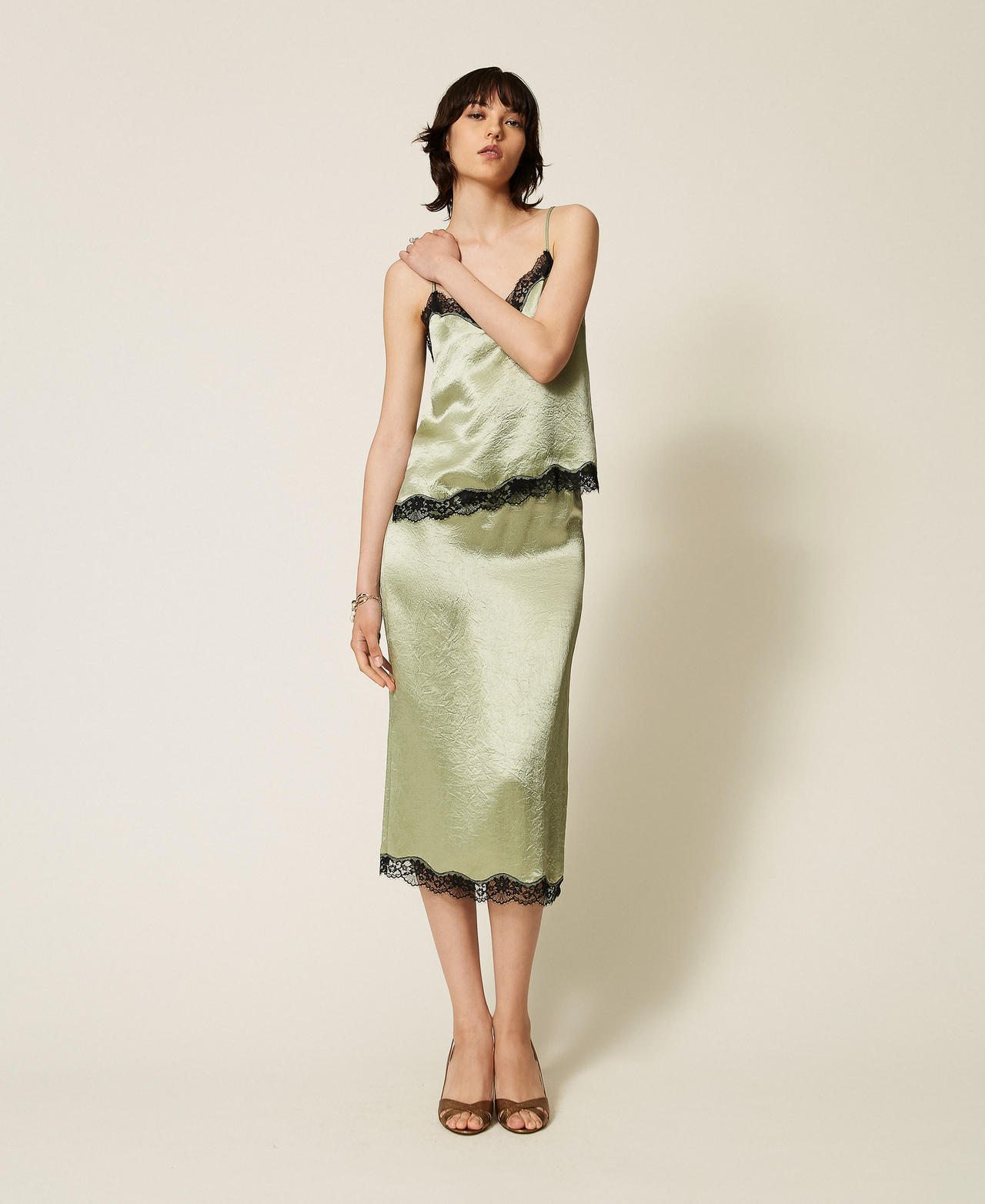 TWINSET - Jupe mi-longue en satin froissé et dentelle, Femme, Bicolore Vert Sauge/Noir, 38